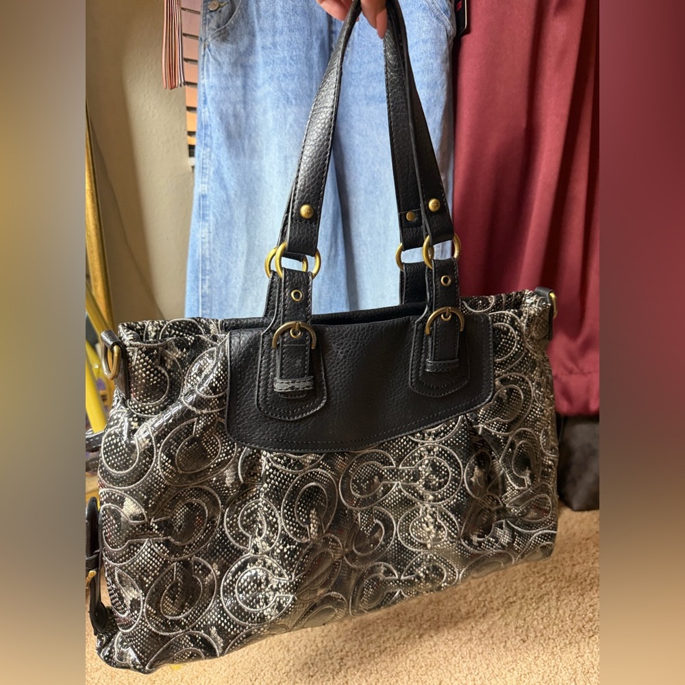 Coach Signature Embossed Tote Bag 14578 Black Gray Leather Trim Gold Hardware - Picture 14 of 17
